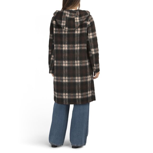 BERNARDO Brown/cream Wool Blend Hairy Plaid Coat - Picture 2 of 2